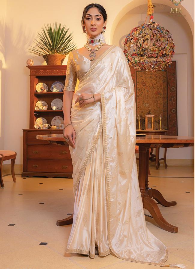 Viscose Sattin Off White Party Wear Embroidery Work Saree